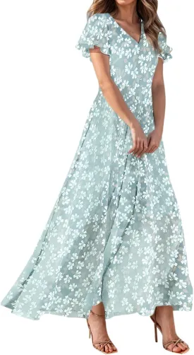 TWGONE Maxi Dresses for Women 2025 Summer Casual Trendy Floral Boho Dress V Neck Short Sleeve Chiffon Flowy Beach Dresses
