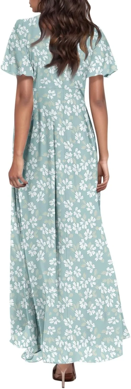 TWGONE Maxi Dresses for Women 2025 Summer Casual Trendy Floral Boho Dress V Neck Short Sleeve Chiffon Flowy Beach Dresses
