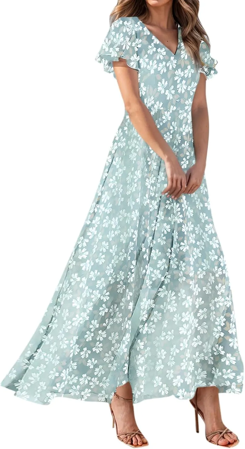 TWGONE Maxi Dresses for Women 2025 Summer Casual Trendy Floral Boho Dress V Neck Short Sleeve Chiffon Flowy Beach Dresses
