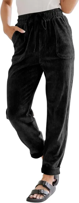 Vintage Corduroy Pants Women Casual Drawstring Elastic Waist Dress Pants Cozy Straight Leg Lounge Pants with Pockets