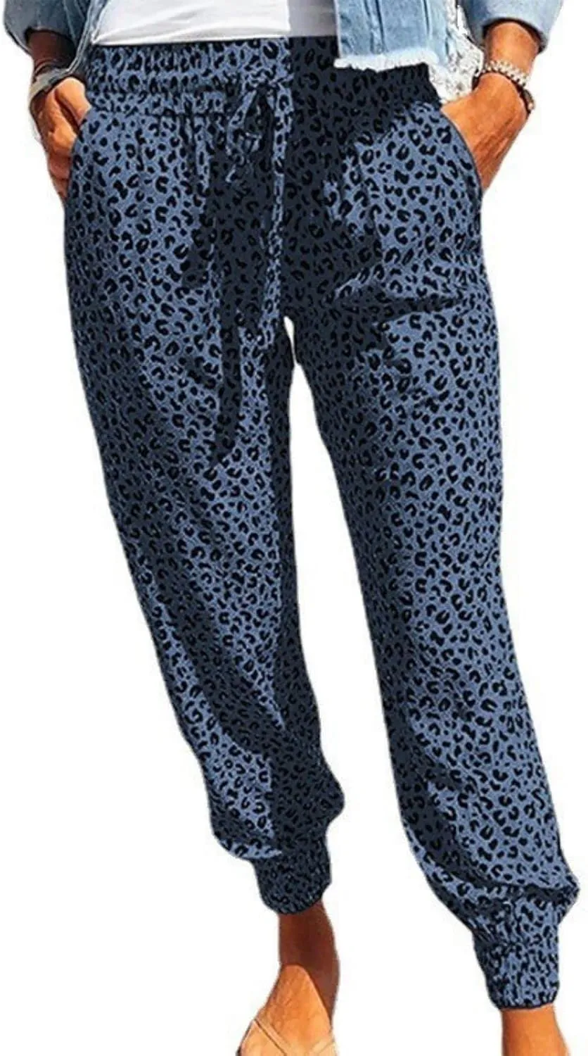 Wankang Womens 2023 Soft Casual Drawstring Tie Elastic Waist Loose Jogger Pants Leopard Printed/Cargo Pants with Pockets