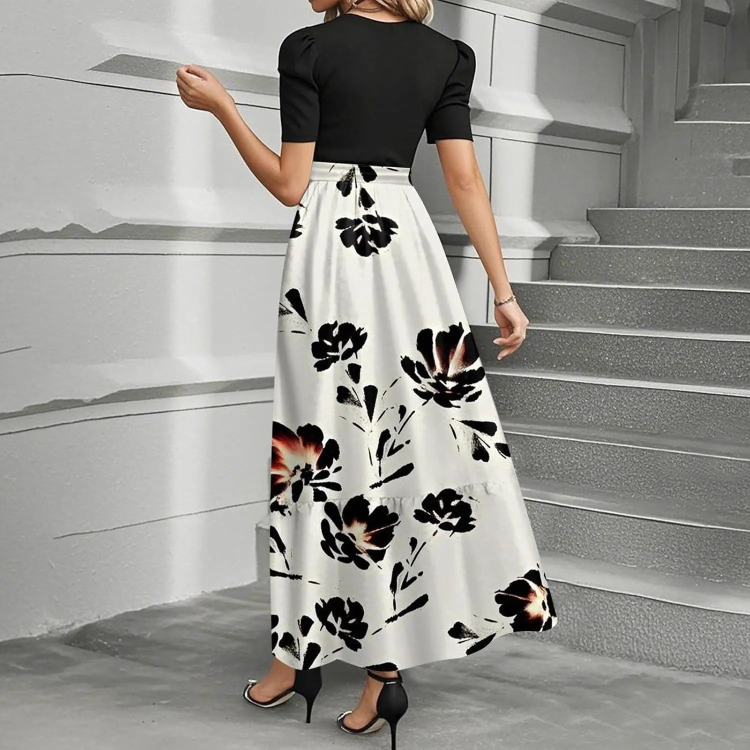 Wanvekey Maxi Dresses for Women 2025 Summer Short Sleeve Church Dress Casual Crew Neck Belted Dresses Flowy Elegant Dress