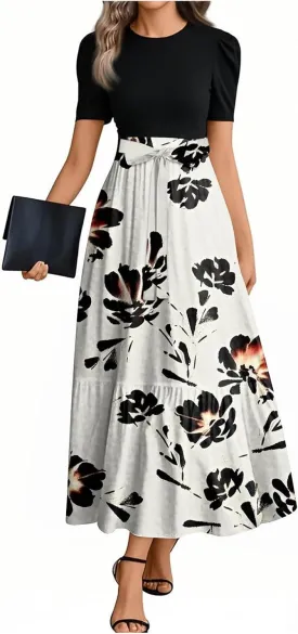 Wanvekey Maxi Dresses for Women 2025 Summer Short Sleeve Church Dress Casual Crew Neck Belted Dresses Flowy Elegant Dress