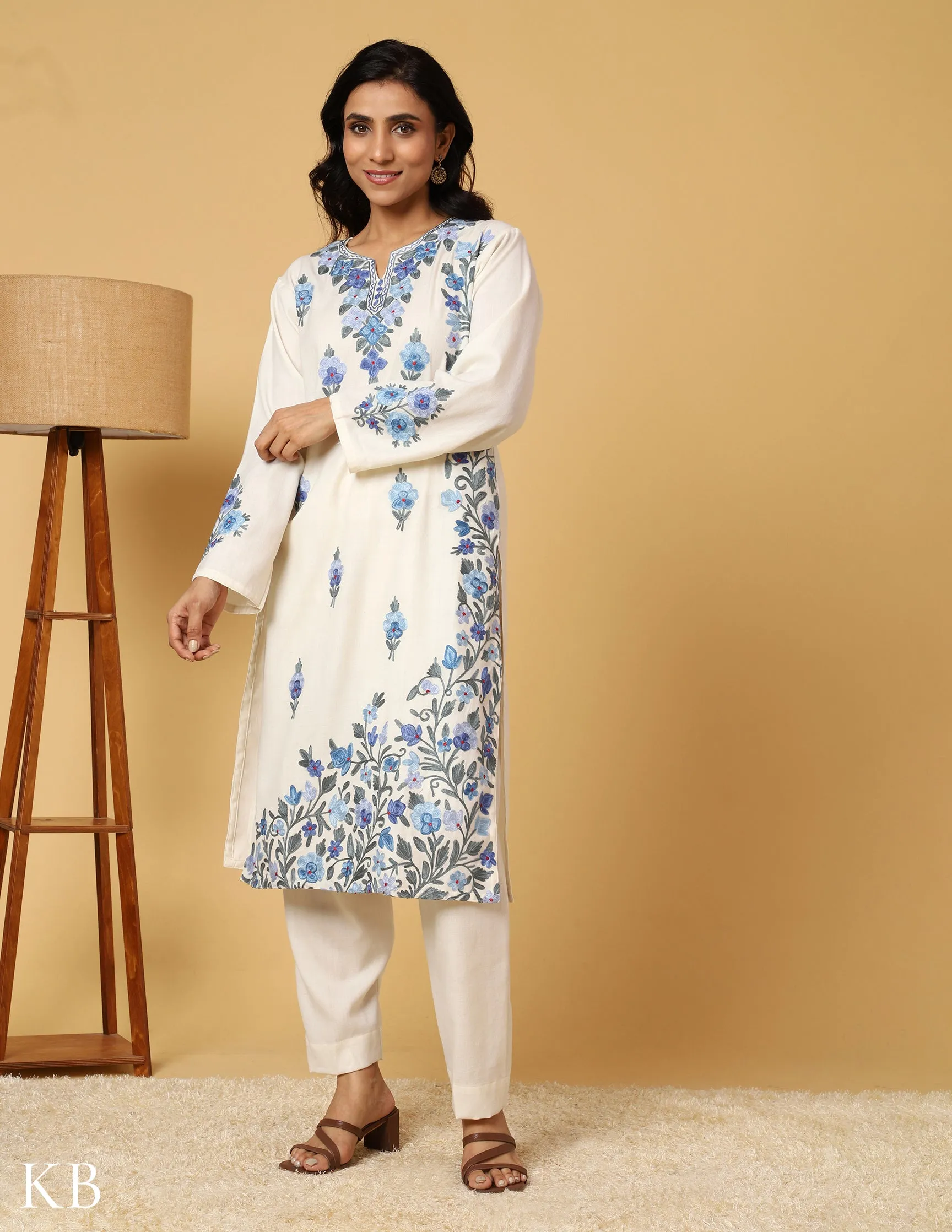 White Aari Embroidered Woolen Suit with Stole