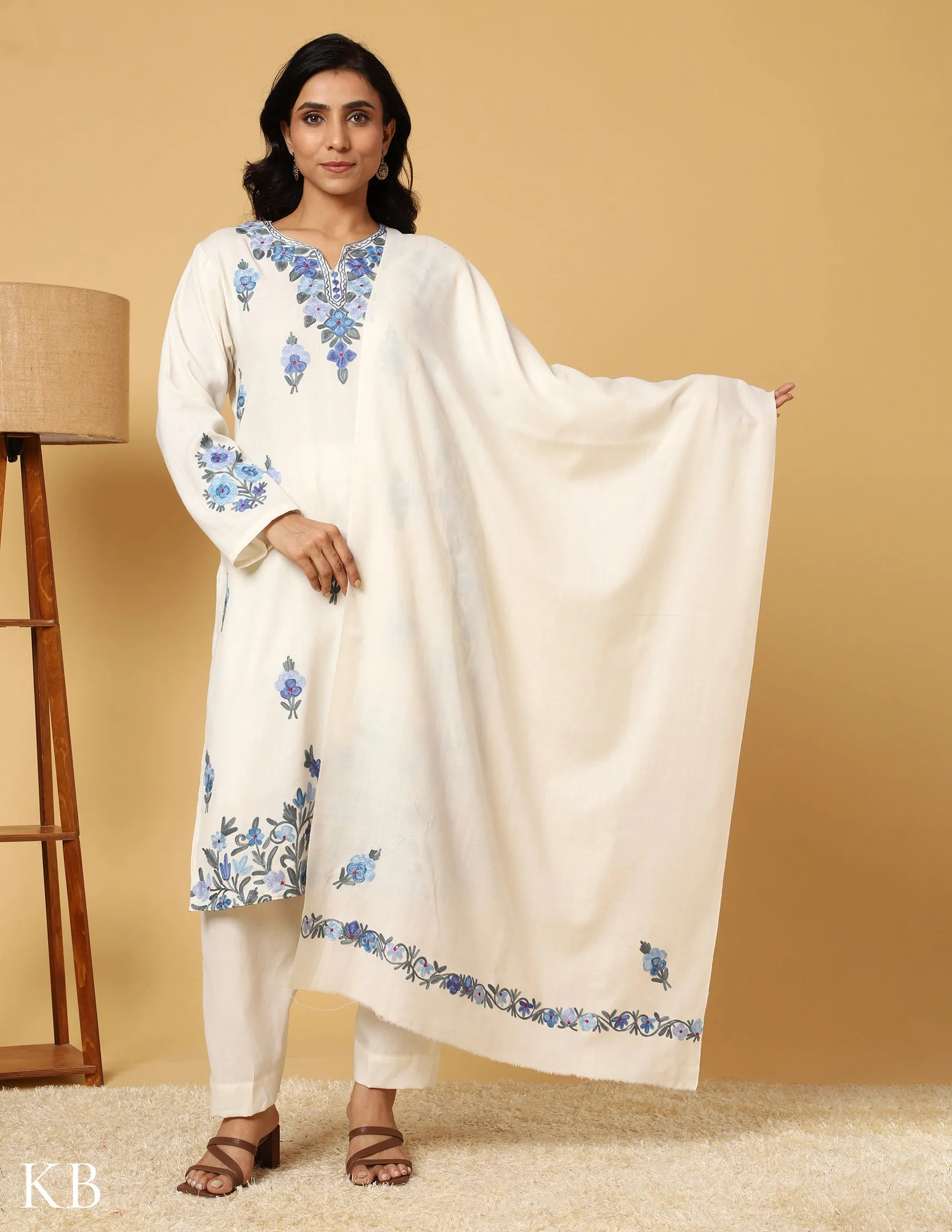 White Aari Embroidered Woolen Suit with Stole