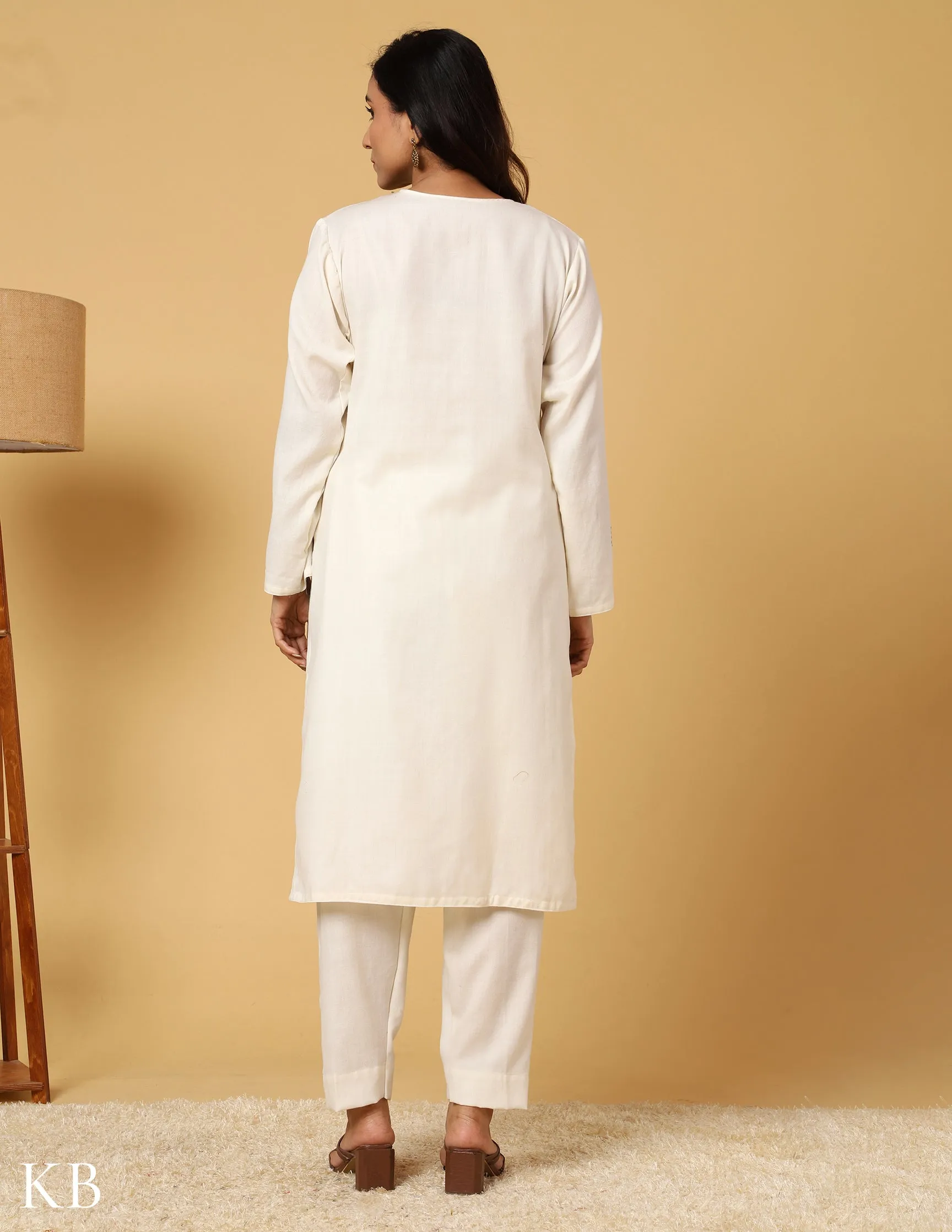 White Aari Embroidered Woolen Suit with Stole