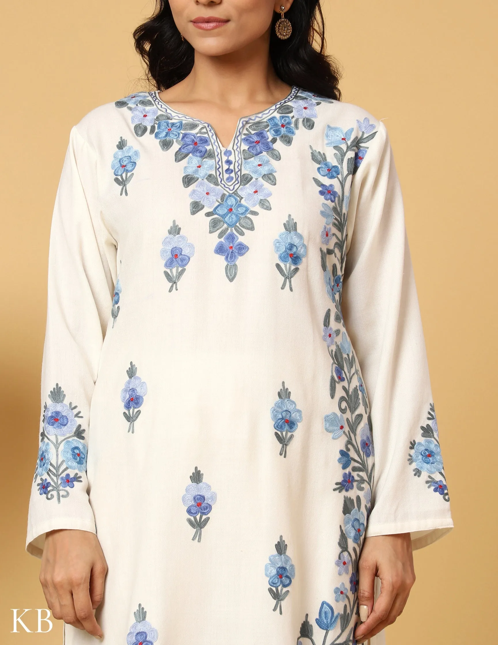 White Aari Embroidered Woolen Suit with Stole