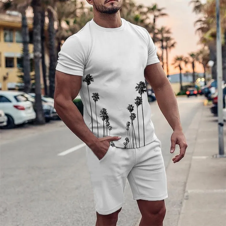White Coconut Print Round Collar Short Sleeve Suit