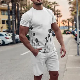 White Coconut Print Round Collar Short Sleeve Suit