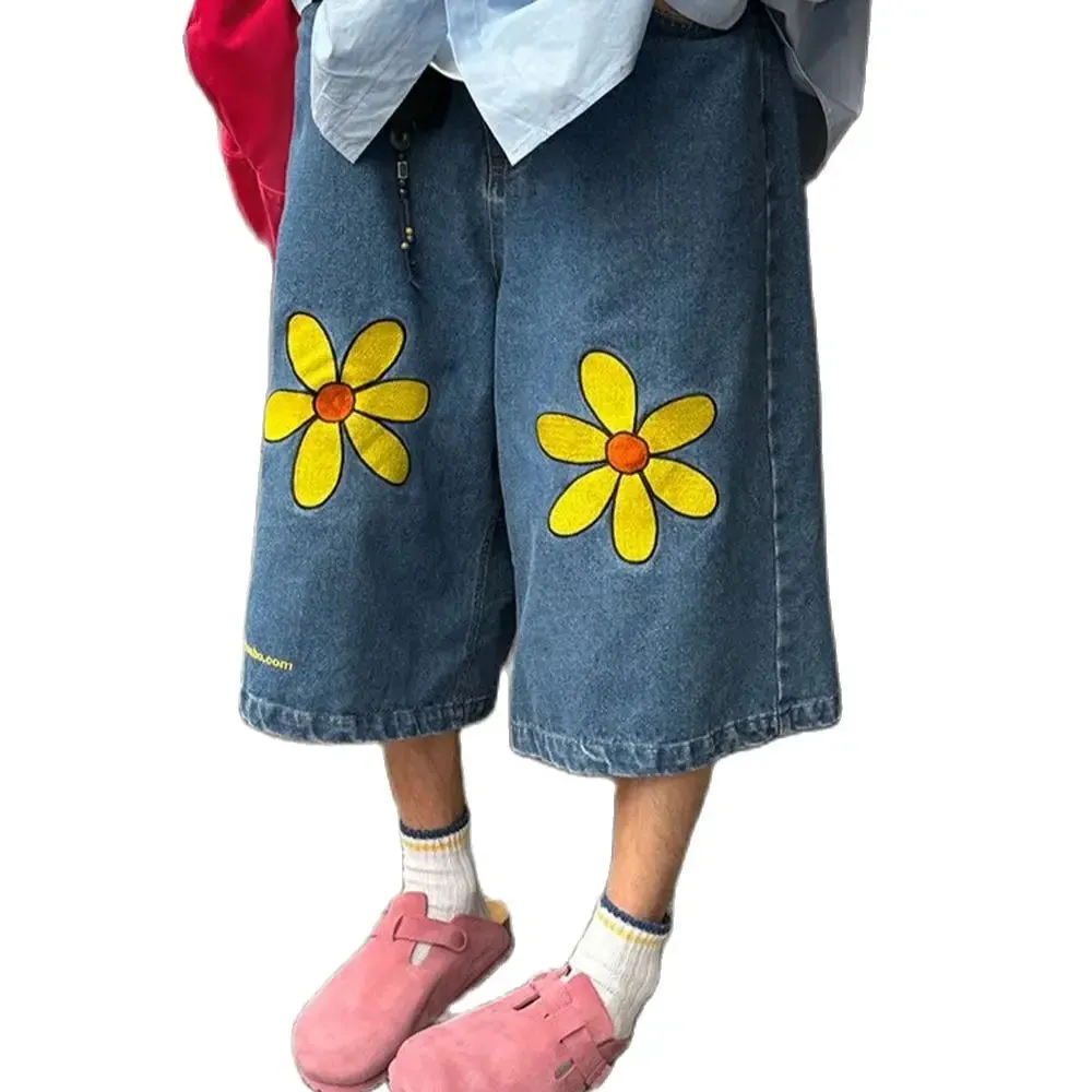 Wiaofellas  -  Original flower design sense summer thin loose casual capri pants men and women all the trend denim shorts