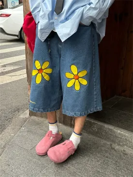 Wiaofellas  -  Original flower design sense summer thin loose casual capri pants men and women all the trend denim shorts