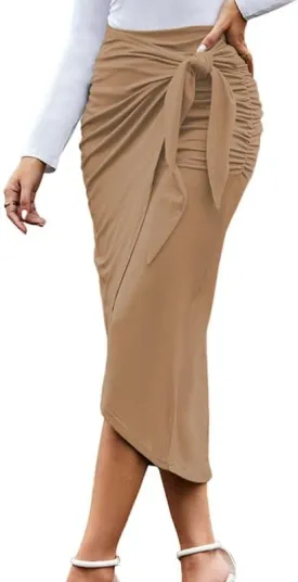 WISFRUIT Women's Maxi Skirt High Waist Ruched Pencil Long Skirts Casual Slit Bow Tie Wrap Skirt