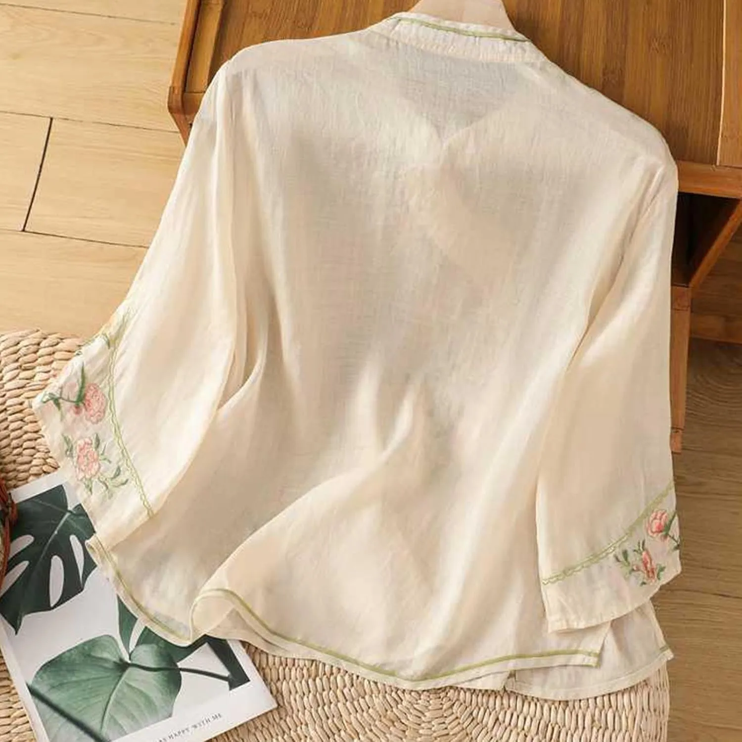 Women Cotton Linen Shirt Summer Floral Embroidered Blouse Retro Chinese Frog Button Traditional Mandarin Collar Tops