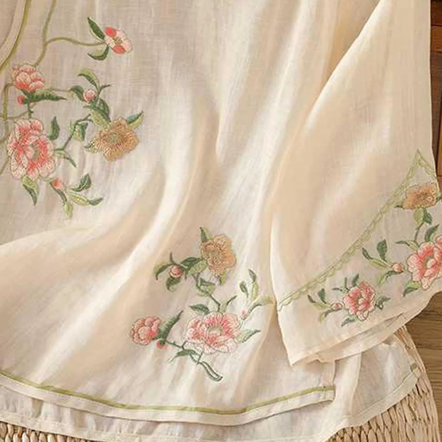 Women Cotton Linen Shirt Summer Floral Embroidered Blouse Retro Chinese Frog Button Traditional Mandarin Collar Tops