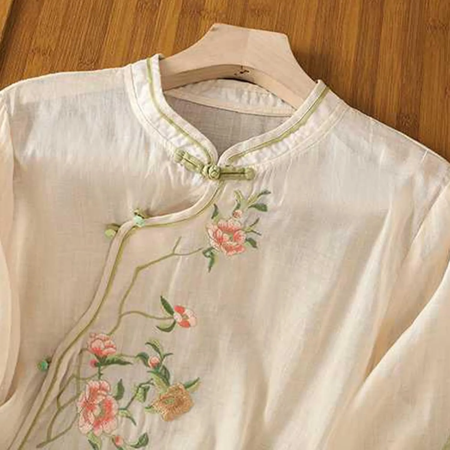 Women Cotton Linen Shirt Summer Floral Embroidered Blouse Retro Chinese Frog Button Traditional Mandarin Collar Tops