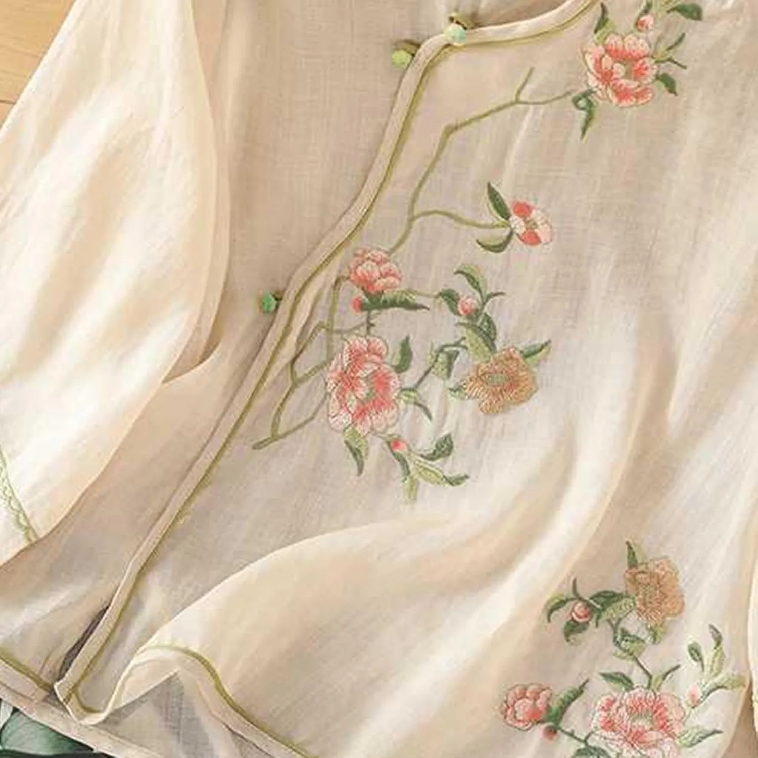 Women Cotton Linen Shirt Summer Floral Embroidered Blouse Retro Chinese Frog Button Traditional Mandarin Collar Tops