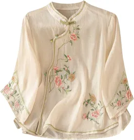 Women Cotton Linen Shirt Summer Floral Embroidered Blouse Retro Chinese Frog Button Traditional Mandarin Collar Tops