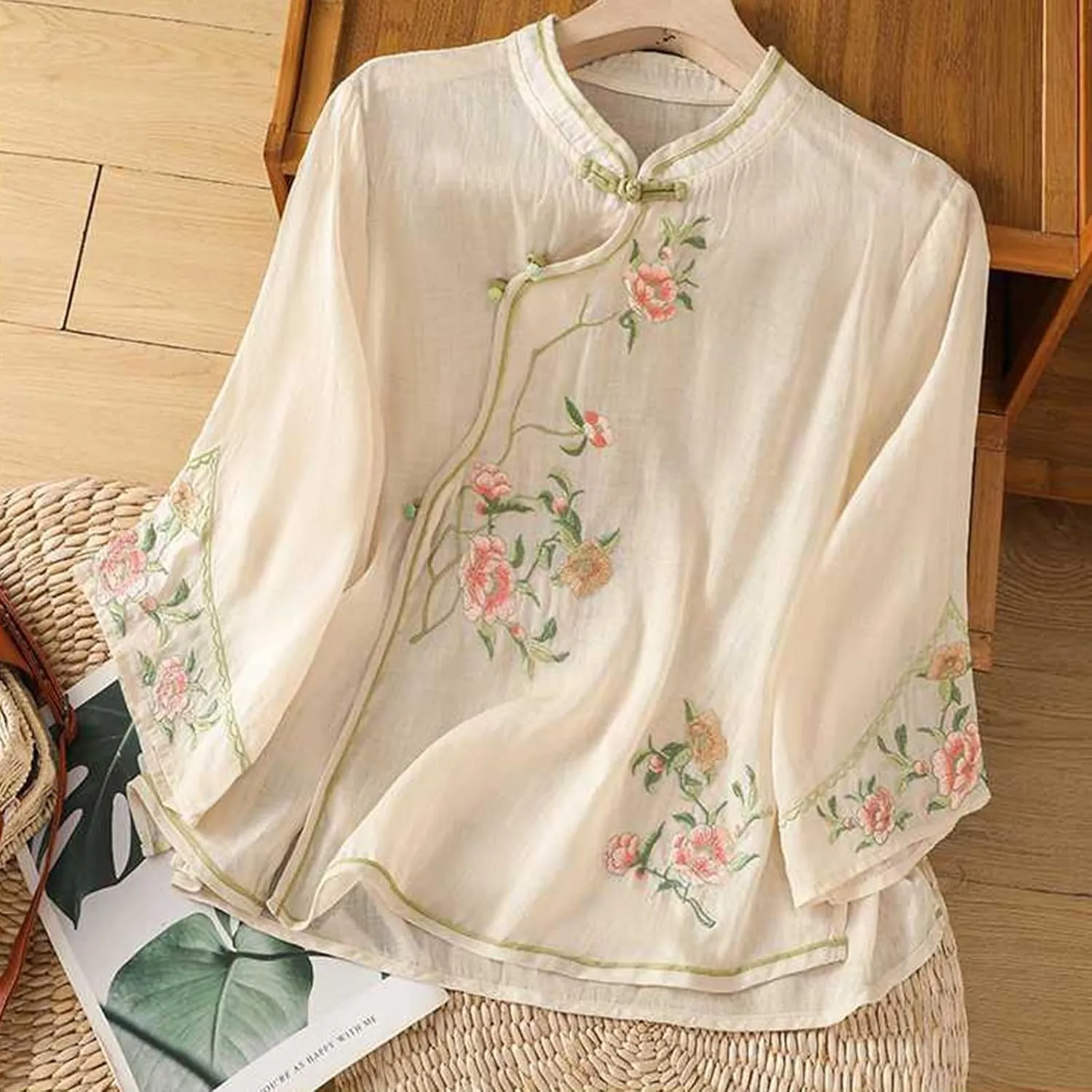 Women Cotton Linen Shirt Summer Floral Embroidered Blouse Retro Chinese Frog Button Traditional Mandarin Collar Tops