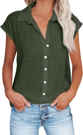 Women Cotton Linen Shirts 2025 V Neck Half Button Down Blouse Casual Cap Sleeve Tops Summer Work Vacation Clothes
