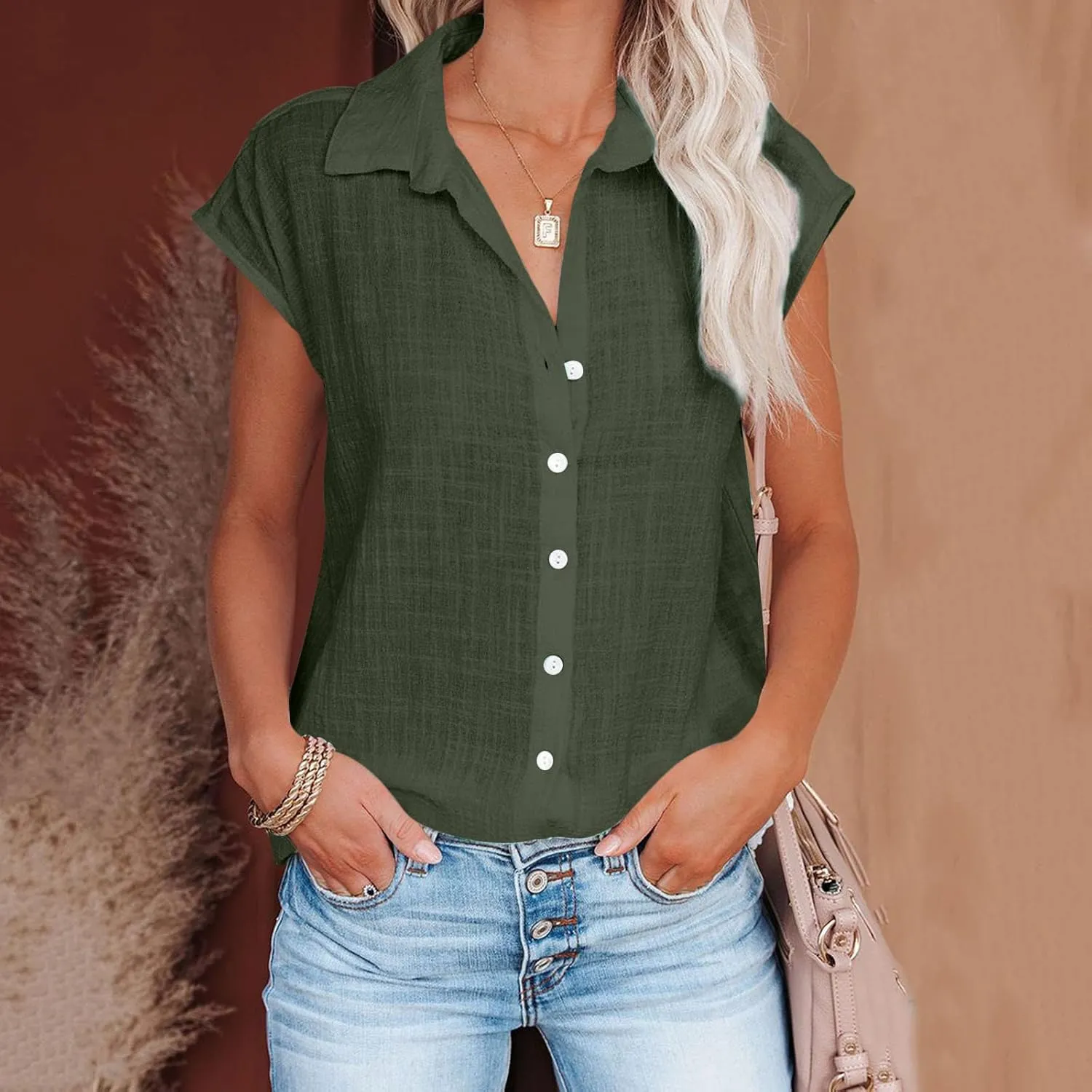 Women Cotton Linen Shirts 2025 V Neck Half Button Down Blouse Casual Cap Sleeve Tops Summer Work Vacation Clothes