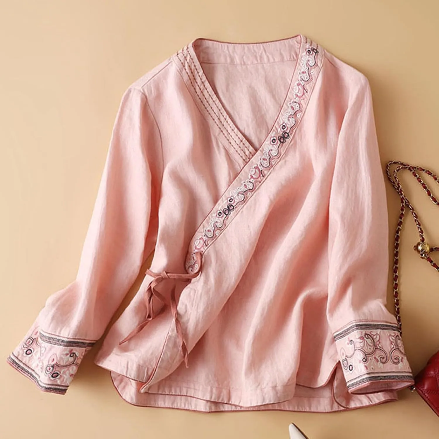 Women Cotton Linen Shirts Vintage Chinese Embroidery 3/4 Sleeve Casual Trendy Tops Loose V Neck Side Tie Slit Blouse