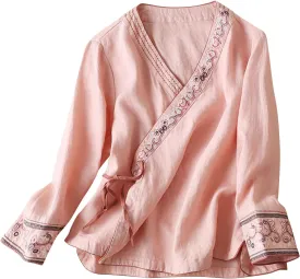 Women Cotton Linen Shirts Vintage Chinese Embroidery 3/4 Sleeve Casual Trendy Tops Loose V Neck Side Tie Slit Blouse