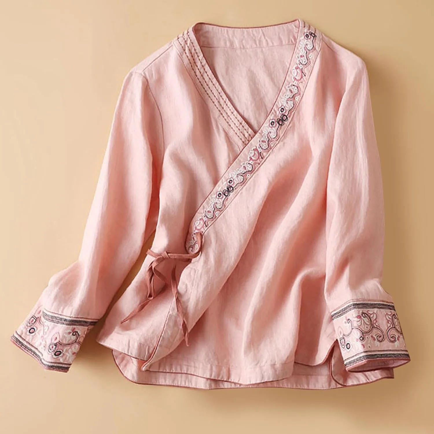 Women Cotton Linen Shirts Vintage Chinese Embroidery 3/4 Sleeve Casual Trendy Tops Loose V Neck Side Tie Slit Blouse