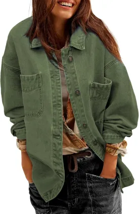 Women Denim Jackets Long Sleeve Plus Size Bottom Down Side Slit Vintage City Jean Jacket Shacket Coat with Pockets