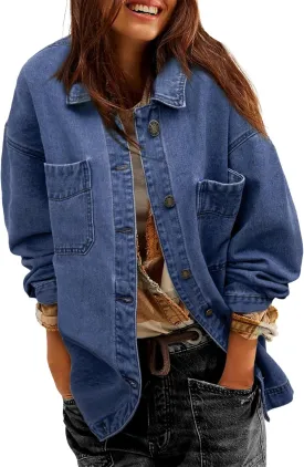Women Denim Jackets Long Sleeve Plus Size Bottom Down Side Slit Vintage City Jean Jacket Shacket Coat with Pockets