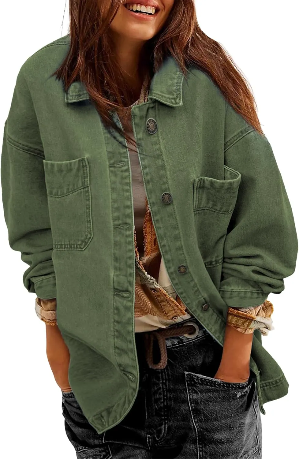 Women Denim Jackets Long Sleeve Plus Size Bottom Down Side Slit Vintage City Jean Jacket Shacket Coat with Pockets