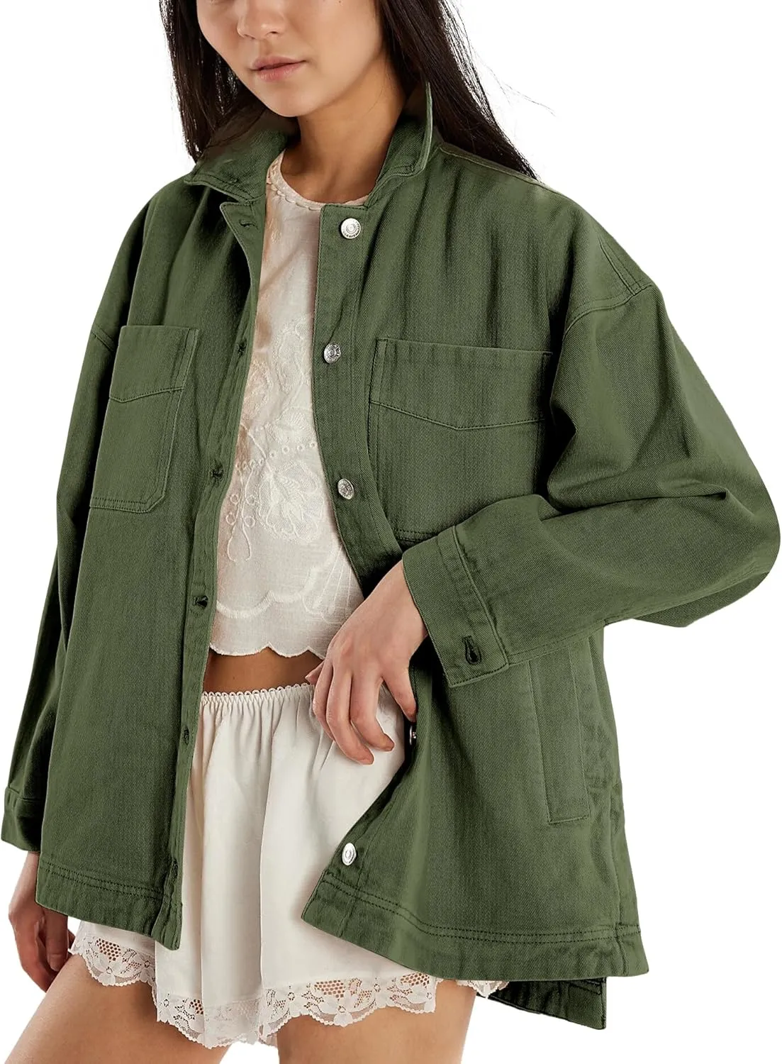 Women Denim Jackets Long Sleeve Plus Size Bottom Down Side Slit Vintage City Jean Jacket Shacket Coat with Pockets