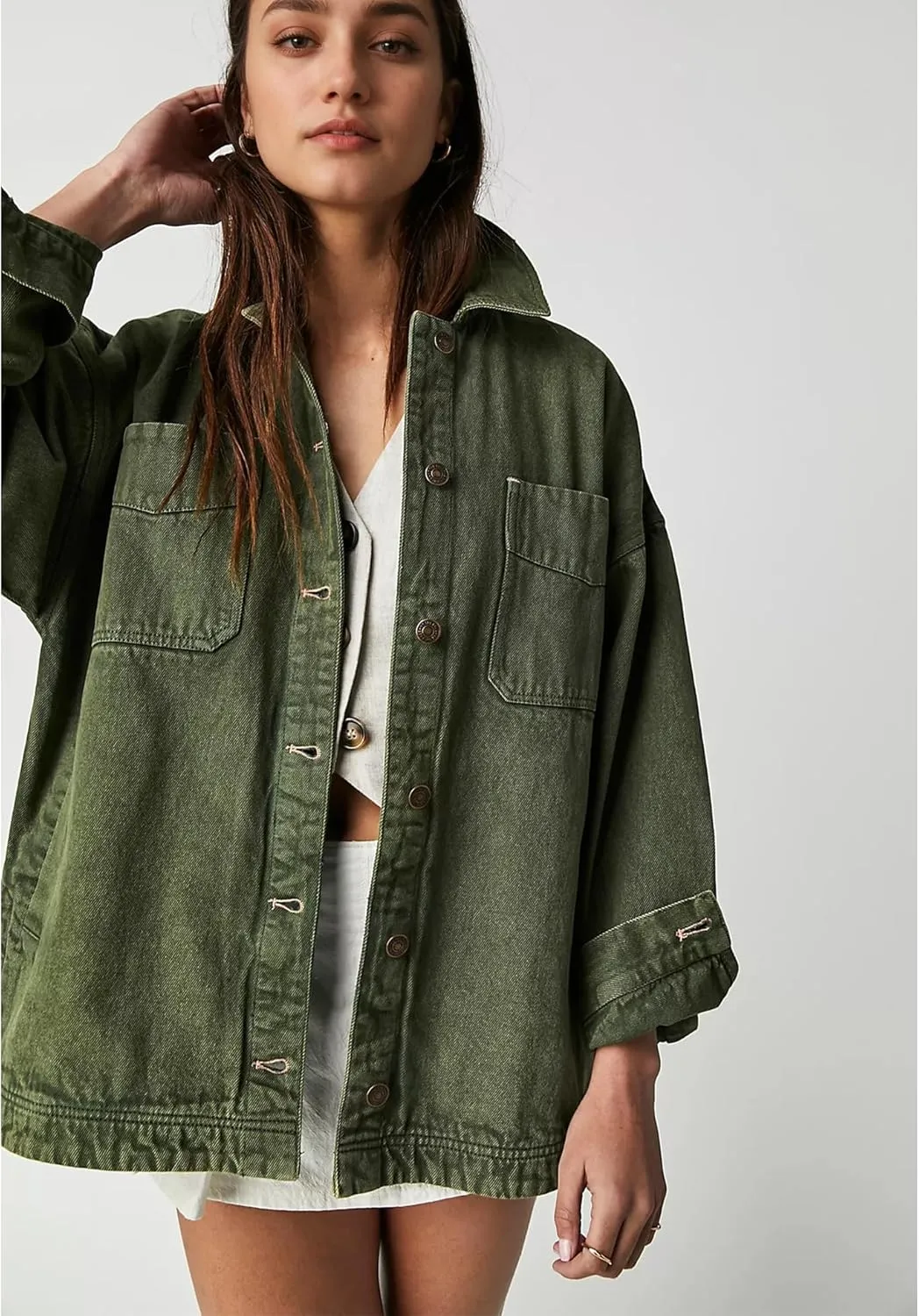 Women Denim Jackets Long Sleeve Plus Size Bottom Down Side Slit Vintage City Jean Jacket Shacket Coat with Pockets