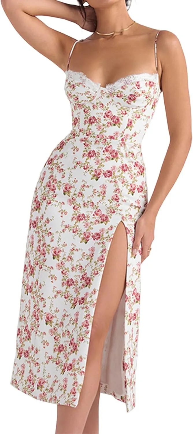 Women Floral Maxi Dress Summer Spaghetti Strap Bodycon Split Slit Lace Trim Side Backless Elegant Long Dresses