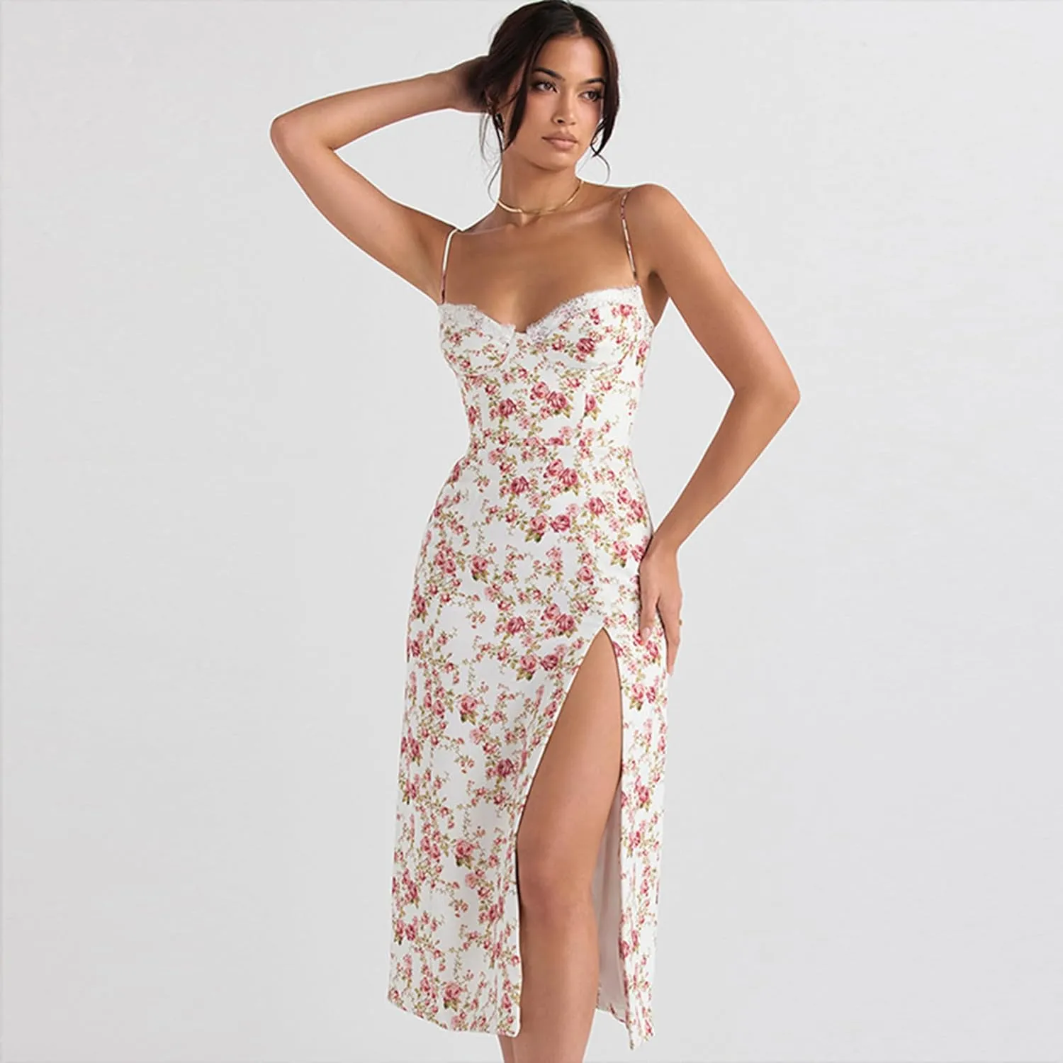 Women Floral Maxi Dress Summer Spaghetti Strap Bodycon Split Slit Lace Trim Side Backless Elegant Long Dresses
