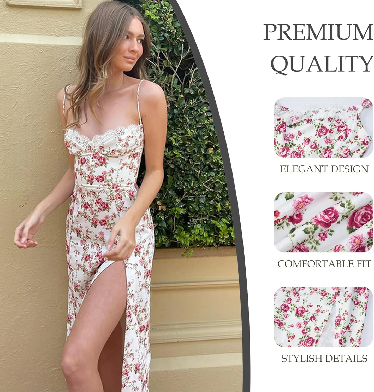 Women Floral Maxi Dress Summer Spaghetti Strap Bodycon Split Slit Lace Trim Side Backless Elegant Long Dresses