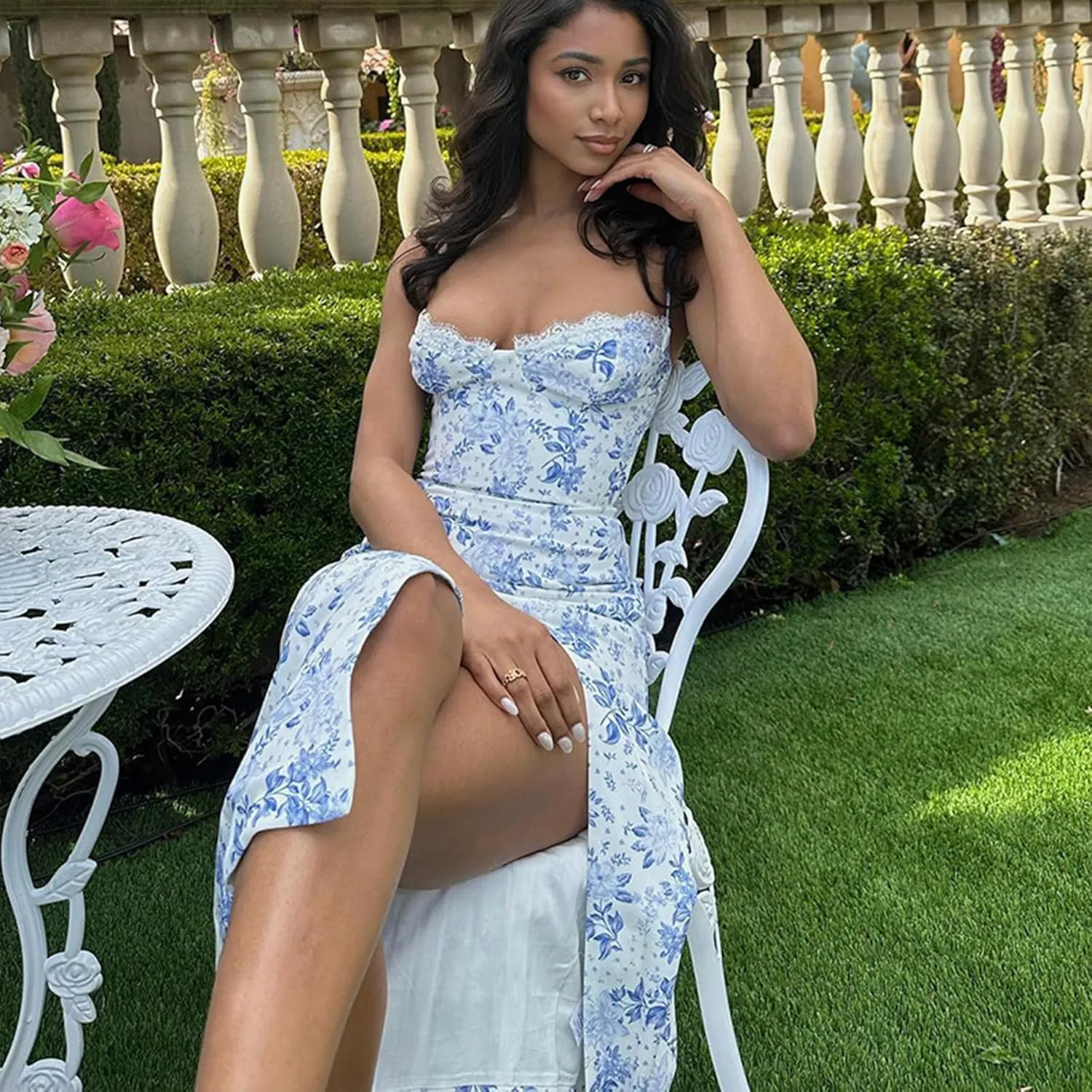 Women Floral Maxi Dress Summer Spaghetti Strap Bodycon Split Slit Lace Trim Side Backless Elegant Long Dresses