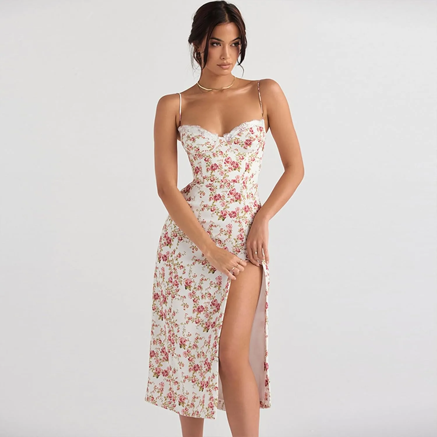 Women Floral Maxi Dress Summer Spaghetti Strap Bodycon Split Slit Lace Trim Side Backless Elegant Long Dresses