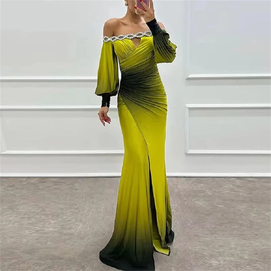 Women Loose Slash Neck Shoulder Spit Pleat Sexy High Waist Long Sleeve Dress