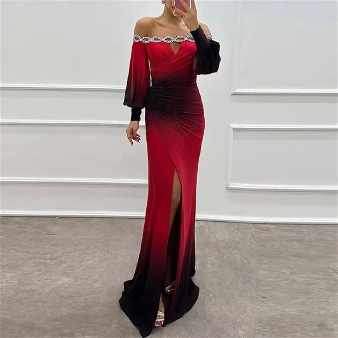 Women Loose Slash Neck Shoulder Spit Pleat Sexy High Waist Long Sleeve Dress