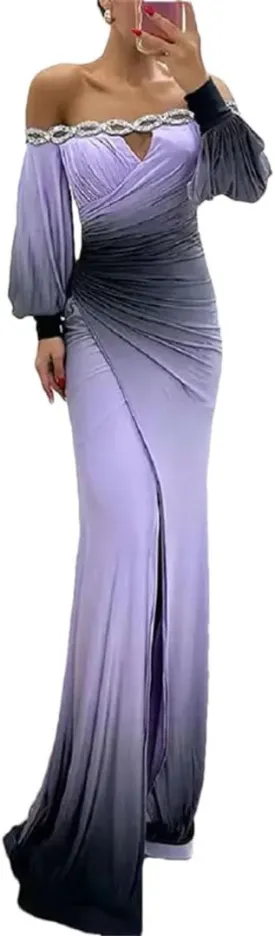 Women Loose Slash Neck Shoulder Spit Pleat Sexy High Waist Long Sleeve Dress