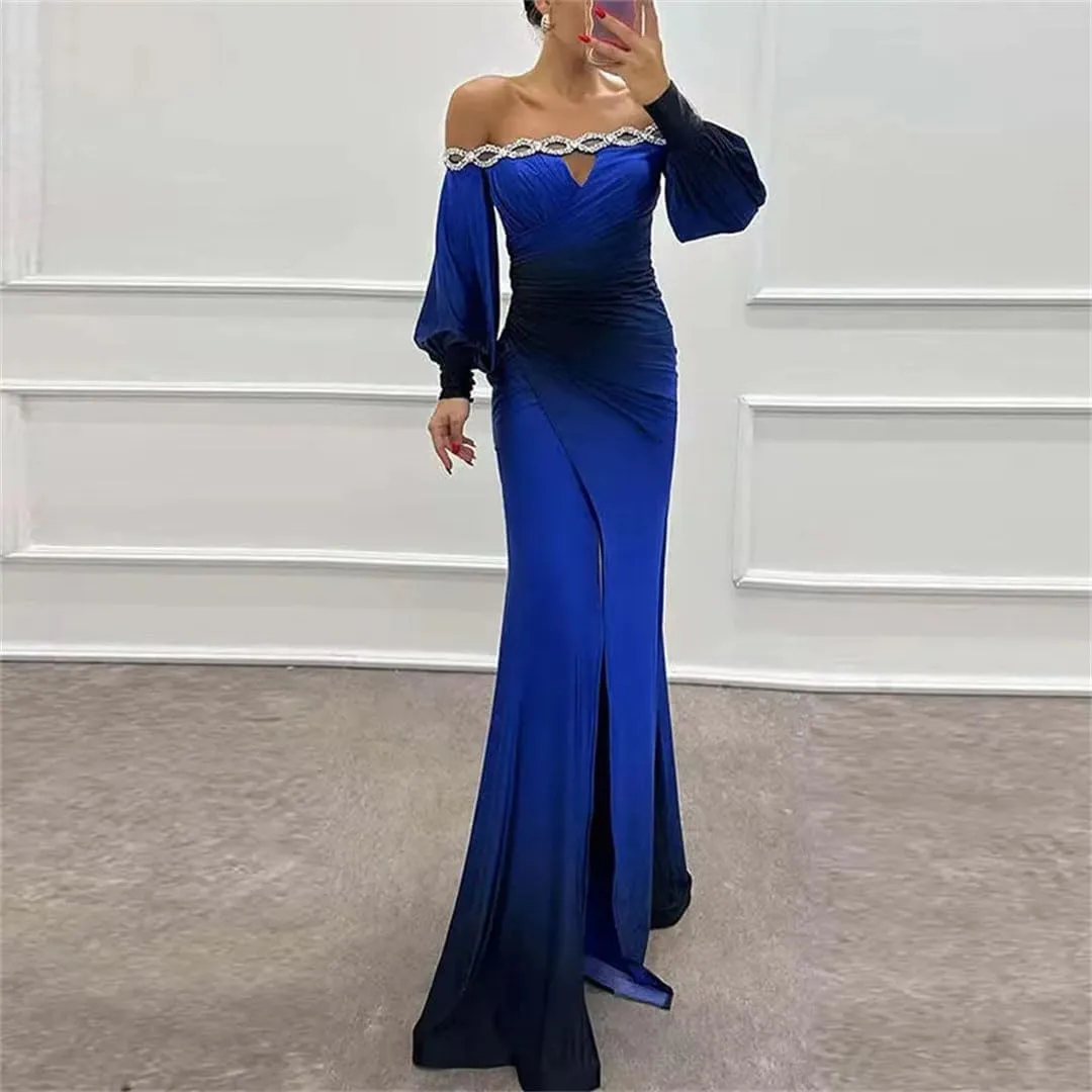 Women Loose Slash Neck Shoulder Spit Pleat Sexy High Waist Long Sleeve Dress