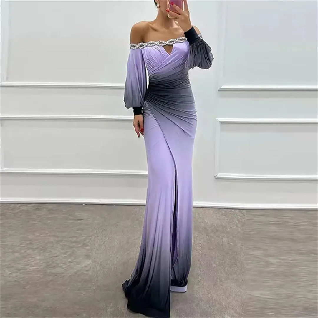 Women Loose Slash Neck Shoulder Spit Pleat Sexy High Waist Long Sleeve Dress