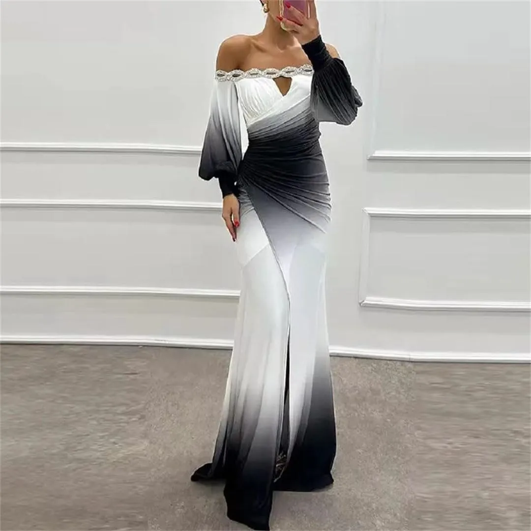 Women Loose Slash Neck Shoulder Spit Pleat Sexy High Waist Long Sleeve Dress