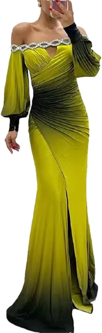 Women Loose Slash Neck Shoulder Spit Pleat Sexy High Waist Long Sleeve Dress