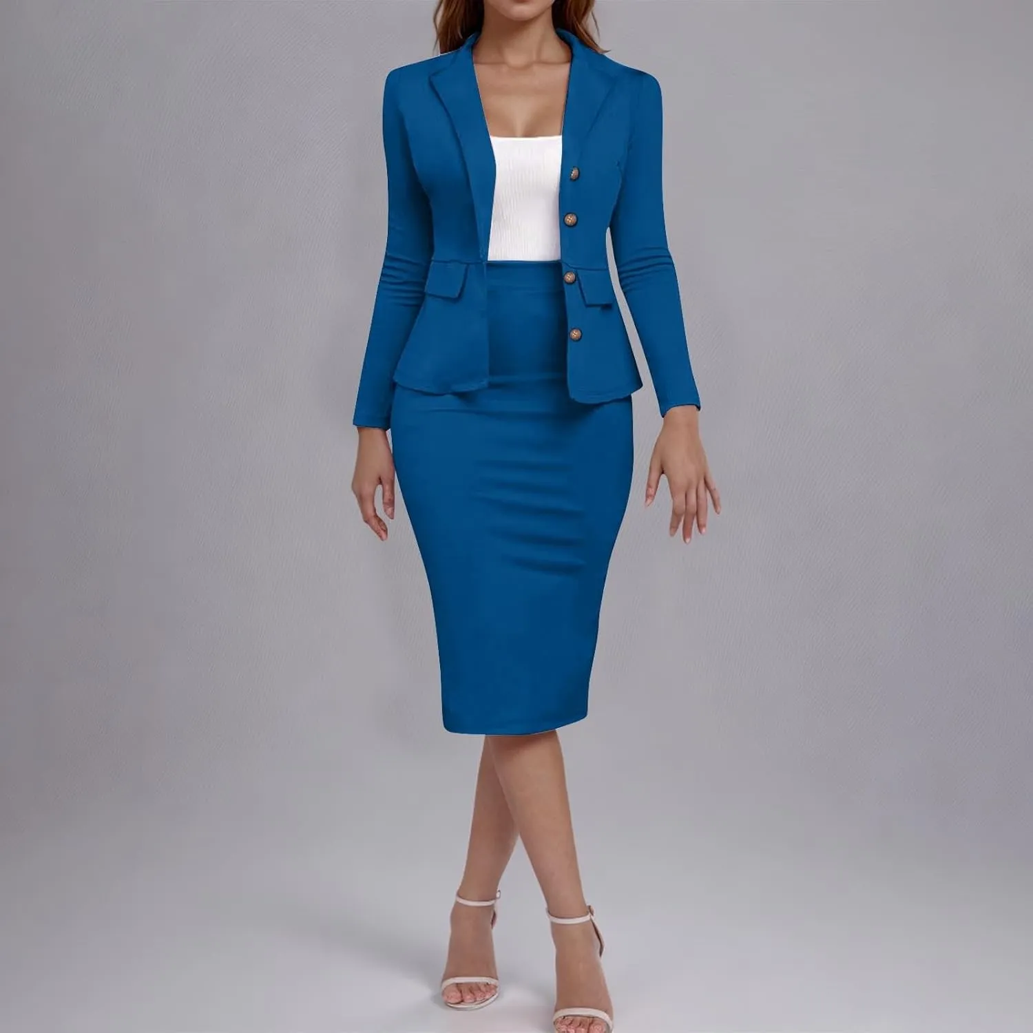 Women Wear to Work Dress 2 Piece Elegant Wrap Blazer Dresses Set Business Casual Long Sleeve Blazer and Pencil Skirt