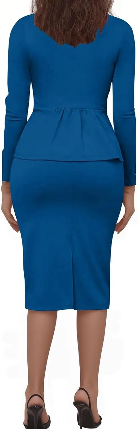 Women Wear to Work Dress 2 Piece Elegant Wrap Blazer Dresses Set Business Casual Long Sleeve Blazer and Pencil Skirt