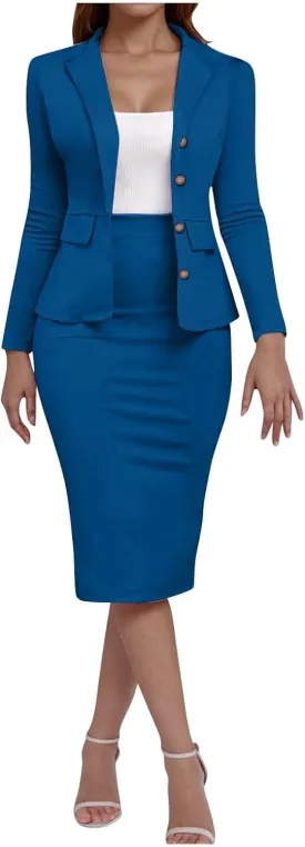 Women Wear to Work Dress 2 Piece Elegant Wrap Blazer Dresses Set Business Casual Long Sleeve Blazer and Pencil Skirt