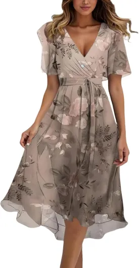 Women's Chiffon Cocktail Dress | Spring Summer Wrap Dress with Floral Print, Sexy Flowy Midi Dress for Wedding Guest