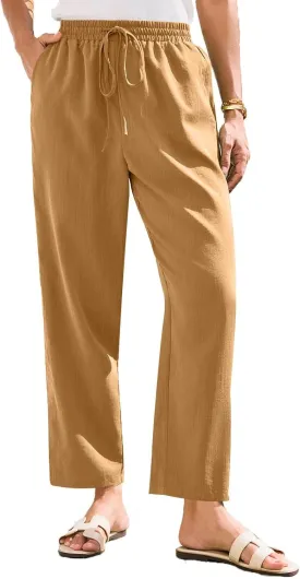 Womens Cotton Linen Elastic Drawstring Straight Leg Pants 2025 Summer Casual Trousers with Pockets Plain Beach Lounge Clothes