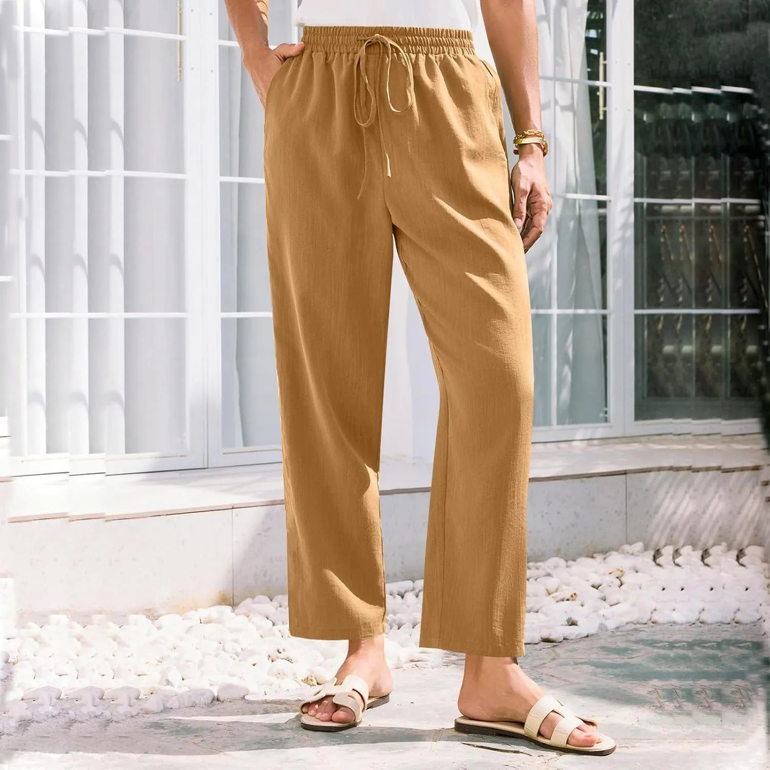 Womens Cotton Linen Elastic Drawstring Straight Leg Pants 2025 Summer Casual Trousers with Pockets Plain Beach Lounge Clothes